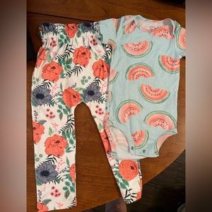 Carter’s watermelon Onesie sz 24mos w/floral cotton pants 24 mos.